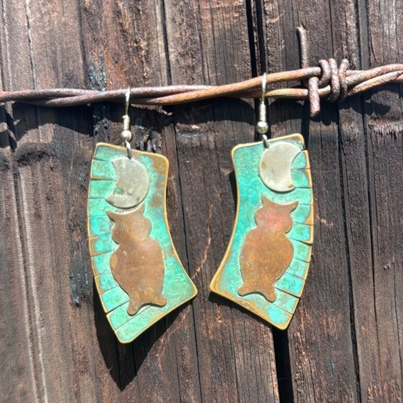 Jewelry - Vintage Copper Moon And Owl Dangle Earrings southwestern western